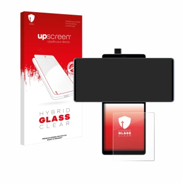Vorderseite einer Produktverpackung mit dem Markenlogo upscreen. Daneben ist das Gerät LG Wing (Hinteres Display) mit dem zuge