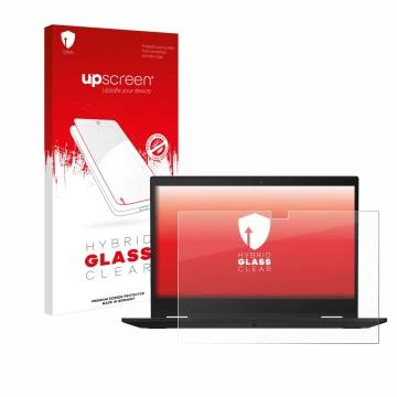 Vorderseite einer Produktverpackung mit dem Markenlogo upscreen. Daneben ist das Gerät Lenovo ThinkPad X13 Yoga Gen 1 mit dem 