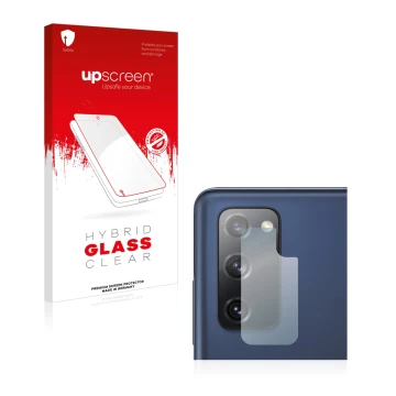 Vorderseite einer Produktverpackung mit dem Markenlogo upscreen. Daneben ist das Gerät Samsung Galaxy S20 FE 5G (NUR Kamerasch