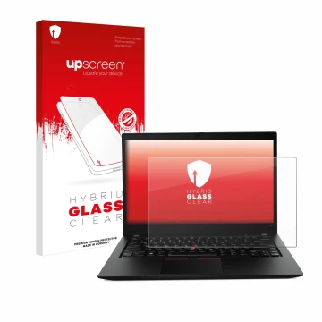 Vorderseite einer Produktverpackung mit dem Markenlogo upscreen. Daneben ist das Gerät Lenovo ThinkPad T14s Gen 1 mit dem zuge