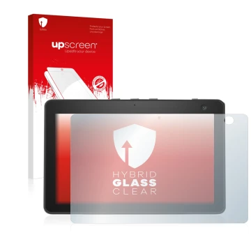 Vorderseite einer Produktverpackung mit dem Markenlogo upscreen. Daneben ist das Gerät Amazon Echo Show 10 (3. Gen.) mit dem z