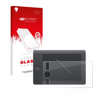 Vorderseite einer Produktverpackung mit dem Markenlogo upscreen. Daneben ist das Gerät Wacom Intuos Pro S PTH-460 mit dem zuge