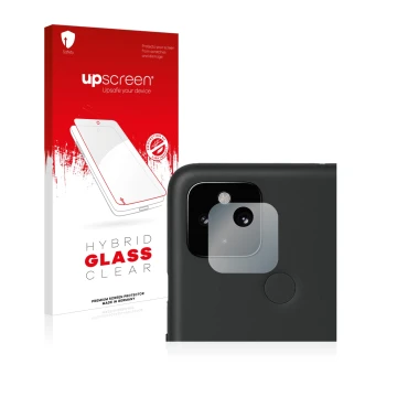 Vorderseite einer Produktverpackung mit dem Markenlogo upscreen. Daneben ist das Gerät Google Pixel 4a 5G (NUR Kameraschutz) m