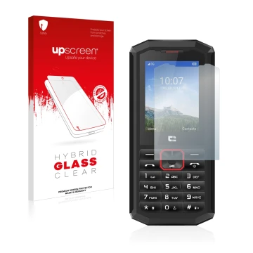 Vorderseite einer Produktverpackung mit dem Markenlogo upscreen. Daneben ist das Gerät Crosscall Spider X5 mit dem zugehörigen