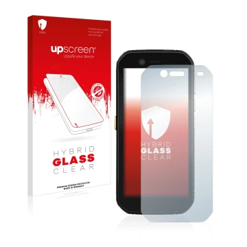 Vorderseite einer Produktverpackung mit dem Markenlogo upscreen. Daneben ist das Gerät Caterpillar Cat S42 mit dem zugehörigen