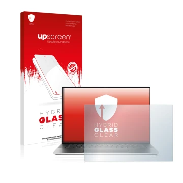 Vorderseite einer Produktverpackung mit dem Markenlogo upscreen. Daneben ist das Gerät Dell XPS 15 9500 mit dem zugehörigen Di