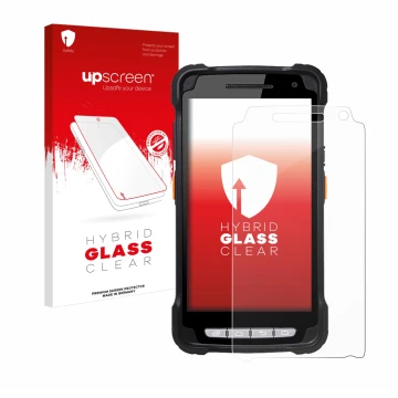 Vorderseite einer Produktverpackung mit dem Markenlogo upscreen. Daneben ist das Gerät Point Mobile PM90 mit dem zugehörigen D