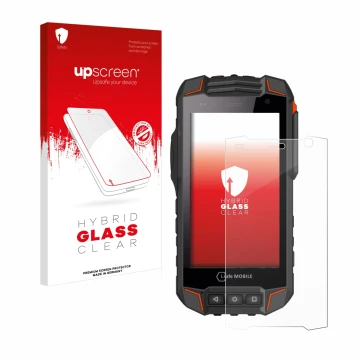 Vorderseite einer Produktverpackung mit dem Markenlogo upscreen. Daneben ist das Gerät i.safe MOBILE IS530.1 mit dem zugehörig