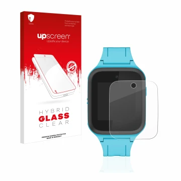 Vorderseite einer Produktverpackung mit dem Markenlogo upscreen. Daneben ist das Gerät TCL Movetime FamilyWatch Kids MT40X mit