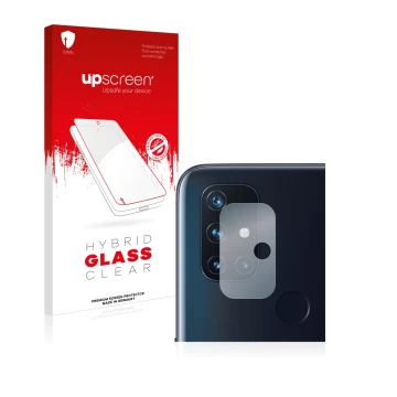 Vorderseite einer Produktverpackung mit dem Markenlogo upscreen. Daneben ist das Gerät OnePlus Nord N10 5G (NUR Kameraschutz) 