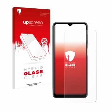 Vorderseite einer Produktverpackung mit dem Markenlogo upscreen. Daneben ist das Gerät Samsung Galaxy M12 mit dem zugehörigen 