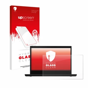 Vorderseite einer Produktverpackung mit dem Markenlogo upscreen. Daneben ist das Gerät Lenovo ThinkPad L14 mit dem zugehörigen