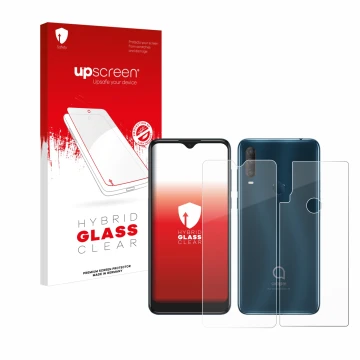 Vorderseite einer Produktverpackung mit dem Markenlogo upscreen. Daneben ist das Gerät Alcatel 1S 2020 (Display+Rückseite) mit