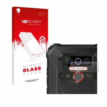 Vorderseite einer Produktverpackung mit dem Markenlogo upscreen. Daneben ist das Gerät Oukitel WP5 (NUR Kameraschutz) mit dem 