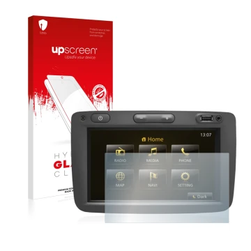 Vorderseite einer Produktverpackung mit dem Markenlogo upscreen. Daneben ist das Gerät Dacia Duster 2 2019 Infotainment System