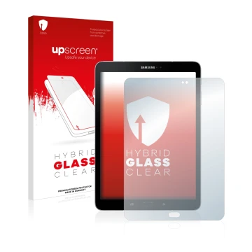 Vorderseite einer Produktverpackung mit dem Markenlogo upscreen. Daneben ist das Gerät Samsung Galaxy Tab S3 mit dem zugehörig