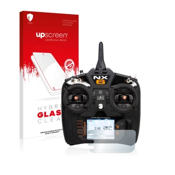 Vorderseite einer Produktverpackung mit dem Markenlogo upscreen. Daneben ist das Gerät Spektrum NX6 mit dem zugehörigen Displa