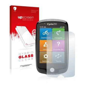 Vorderseite einer Produktverpackung mit dem Markenlogo upscreen. Daneben ist das Gerät Mio Cyclo 210 mit dem zugehörigen Displ