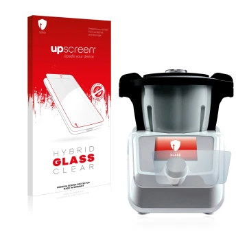 Vorderseite einer Produktverpackung mit dem Markenlogo upscreen. Daneben ist das Gerät SilverCrest Mini Monsieur Cuisine Conne