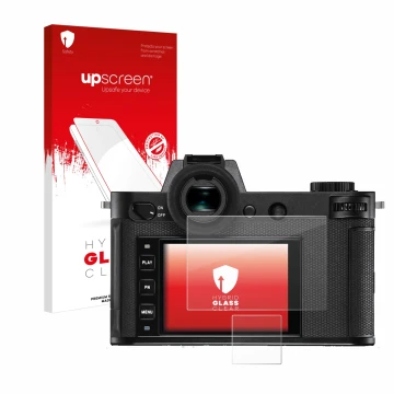 Vorderseite einer Produktverpackung mit dem Markenlogo upscreen. Daneben ist das Gerät Leica SL2-S mit dem zugehörigen Display