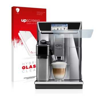 Vorderseite einer Produktverpackung mit dem Markenlogo upscreen. Daneben ist das Gerät DeLonghi PrimaDonna Elite Experience EC