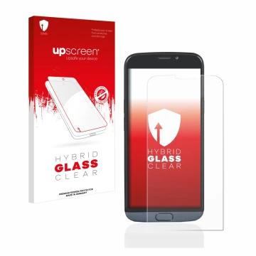 Vorderseite einer Produktverpackung mit dem Markenlogo upscreen. Daneben ist das Gerät Doro 8050 Plus mit dem zugehörigen Disp
