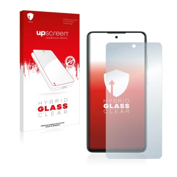 Vorderseite einer Produktverpackung mit dem Markenlogo upscreen. Daneben ist das Gerät Samsung Galaxy A52 mit dem zugehörigen 