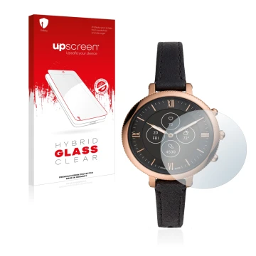 Vorderseite einer Produktverpackung mit dem Markenlogo upscreen. Daneben ist das Gerät Fossil Monroe Hybrid HR mit dem zugehör