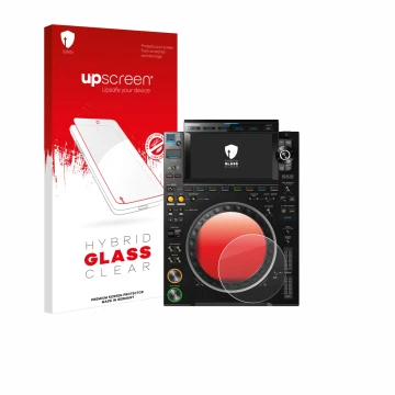 Vorderseite einer Produktverpackung mit dem Markenlogo upscreen. Daneben ist das Gerät Pioneer CDJ 3000 (Kreis) mit dem zugehö