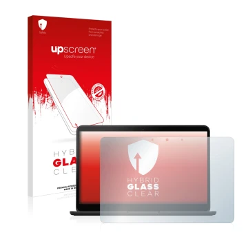 Vorderseite einer Produktverpackung mit dem Markenlogo upscreen. Daneben ist das Gerät Google Pixelbook Go 13.3