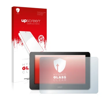 Vorderseite einer Produktverpackung mit dem Markenlogo upscreen. Daneben ist das Gerät Wacom One Creative Pen Display mit dem 