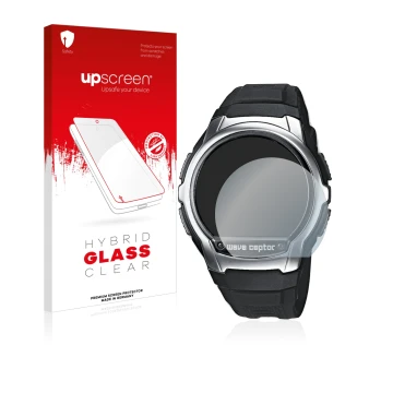 Vorderseite einer Produktverpackung mit dem Markenlogo upscreen. Daneben ist das Gerät Casio Wave Ceptor WV-58 mit dem zugehör