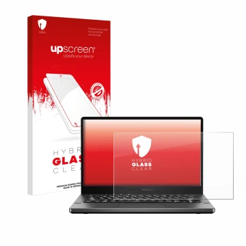 Vorderseite einer Produktverpackung mit dem Markenlogo upscreen. Daneben ist das Gerät ASUS ROG Zephyrus G14 GA401 mit dem zug