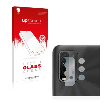 Vorderseite einer Produktverpackung mit dem Markenlogo upscreen. Daneben ist das Gerät Xiaomi Redmi 9T (NUR Kameraschutz) mit 