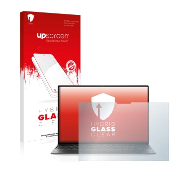 Vorderseite einer Produktverpackung mit dem Markenlogo upscreen. Daneben ist das Gerät Dell XPS 13 9310 Touch mit dem zugehöri