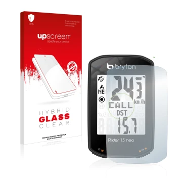 Vorderseite einer Produktverpackung mit dem Markenlogo upscreen. Daneben ist das Gerät Bryton Rider 15 neo mit dem zugehörigen