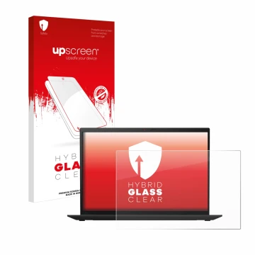 Vorderseite einer Produktverpackung mit dem Markenlogo upscreen. Daneben ist das Gerät Lenovo ThinkPad X1 Carbon (9. Gen.) mit