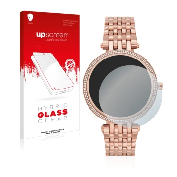 Vorderseite einer Produktverpackung mit dem Markenlogo upscreen. Daneben ist das Gerät Michael Kors Access Darci Gen 5E mit de
