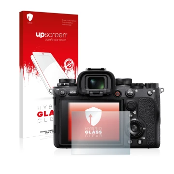 Vorderseite einer Produktverpackung mit dem Markenlogo upscreen. Daneben ist das Gerät Sony Alpha 1 mit dem zugehörigen Displa