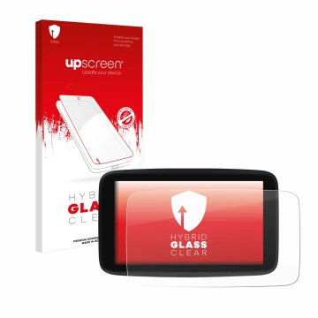 Vorderseite einer Produktverpackung mit dem Markenlogo upscreen. Daneben ist das Gerät TomTom GO Discover 7