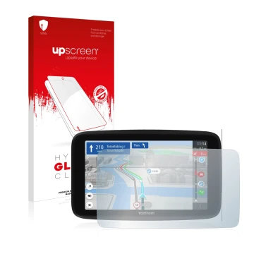 Vorderseite einer Produktverpackung mit dem Markenlogo upscreen. Daneben ist das Gerät TomTom GO Discover 6