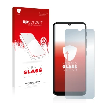 Vorderseite einer Produktverpackung mit dem Markenlogo upscreen. Daneben ist das Gerät Motorola Moto G10 mit dem zugehörigen D
