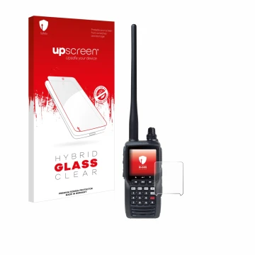 Vorderseite einer Produktverpackung mit dem Markenlogo upscreen. Daneben ist das Gerät Yaesu FTA-550 mit dem zugehörigen Displ