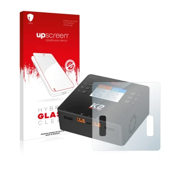 Vorderseite einer Produktverpackung mit dem Markenlogo upscreen. Daneben ist das Gerät ISDT Smart Duo Charger K2 mit dem zugeh
