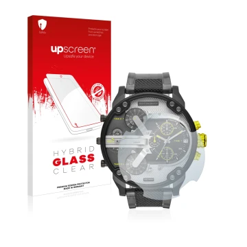 Vorderseite einer Produktverpackung mit dem Markenlogo upscreen. Daneben ist das Gerät Diesel DZ7422 Mr. Daddy 2.0 mit dem zug