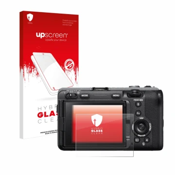 Vorderseite einer Produktverpackung mit dem Markenlogo upscreen. Daneben ist das Gerät Sony FX3 mit dem zugehörigen Displaysch