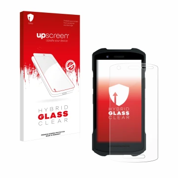 Vorderseite einer Produktverpackung mit dem Markenlogo upscreen. Daneben ist das Gerät Zebra TC26 mit dem zugehörigen Displays