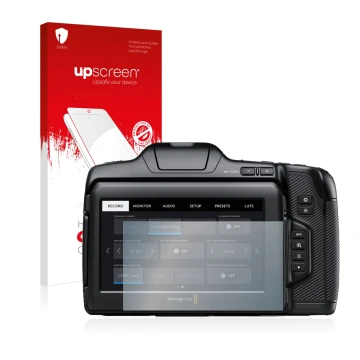 Vorderseite einer Produktverpackung mit dem Markenlogo upscreen. Daneben ist das Gerät Blackmagic Pocket Cinema Camera 6K Pro 