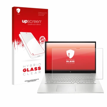 Vorderseite einer Produktverpackung mit dem Markenlogo upscreen. Daneben ist das Gerät HP Envy 17-cX mit dem zugehörigen Displ