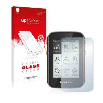 Vorderseite einer Produktverpackung mit dem Markenlogo upscreen. Daneben ist das Gerät CooSpo BC200 mit dem zugehörigen Displa